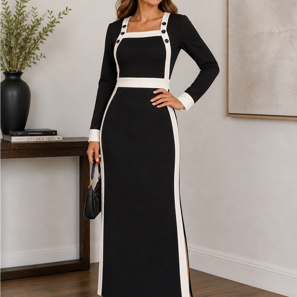 Elegant Black and Cream Long-Sleeve Maxi Dress
